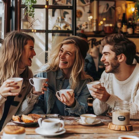 To kvinder og en mand, der drikker kaffe sammen. De sidder med hver sin kop og griner sammen.